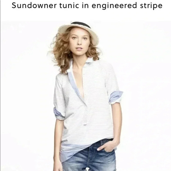 J Crew Sundowner Tunic Blouse White Stripe Top XS - Picture 1 of 5